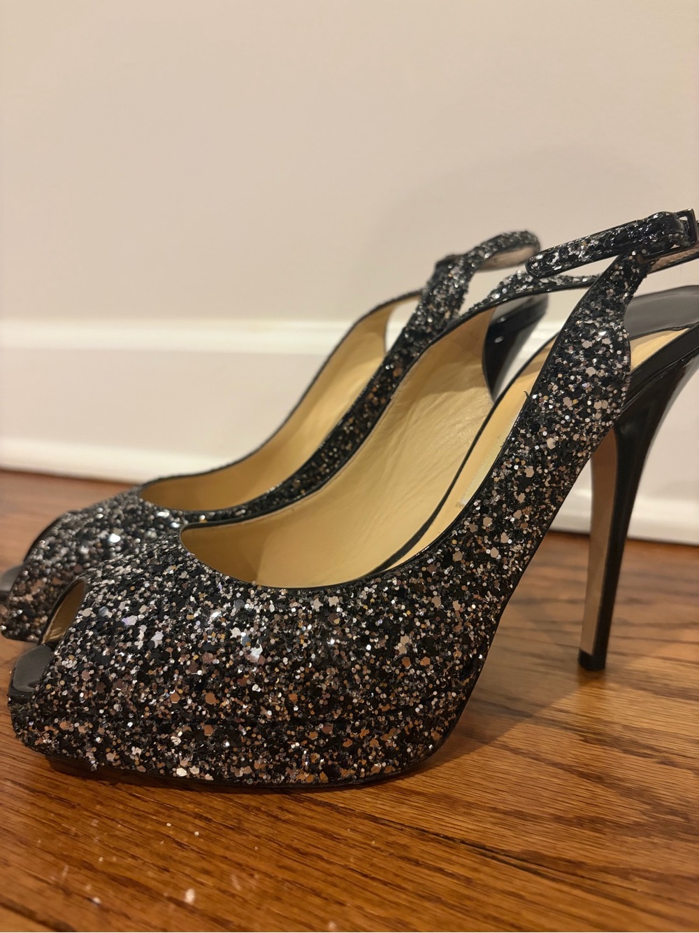 Jimmy Choo Black and Silver Glitter Peep-Toe Slingback Heels